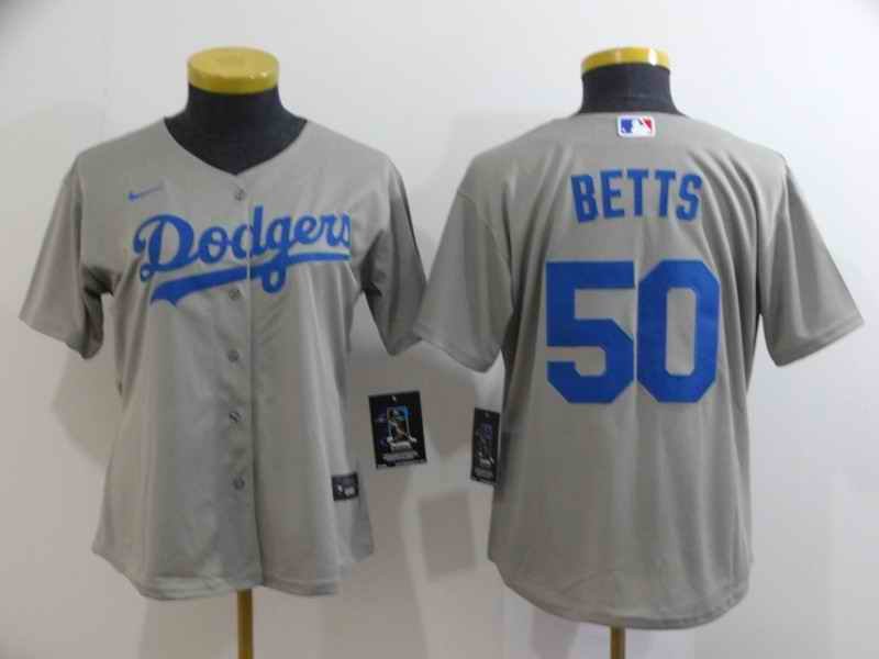 Women's Los Angeles Dodgers #50 Mookie Betts Grey Cool Base Stitched MLB Jersey(Run Small)