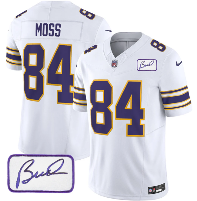 Men's Minnesota Vikings #84 Randy Moss White 2023 F.U.S.E. Bud Grant patch Limited Stitched Jersey