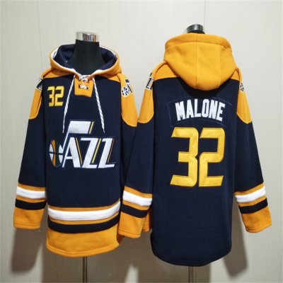 Men's Utah Jazz #32 Karl Malone Navy/Yellow Lace-Up Pullover Hoodie