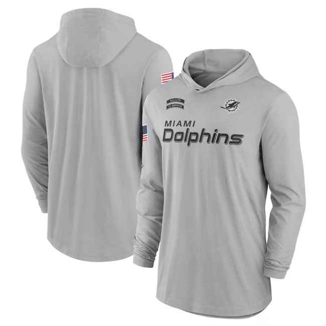 Men's Miami Dolphins 2024 Gray Salute to Service Lightweight Performance Long Sleeve Hooded T-Shirt