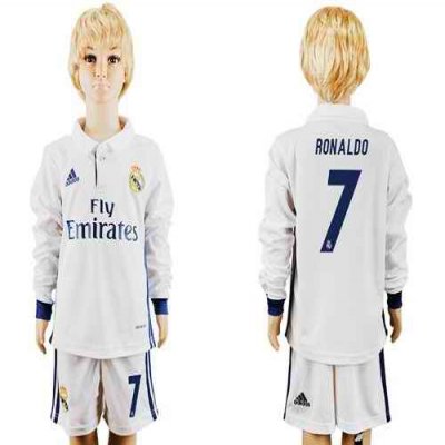 Real Madrid #7 Ronaldo Home Long Sleeves Kid Soccer Club Jersey