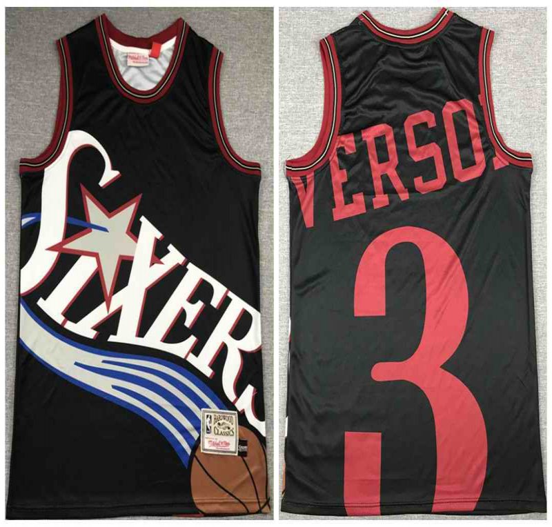 Men's Philadelphia 76ers #3 Allen Iverson Black Big Face Throwback Stitched Jersey