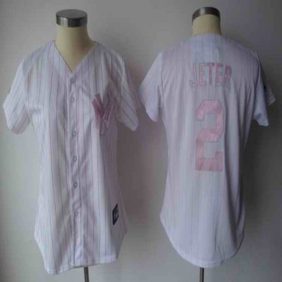 Yankees #2 Derek Jeter White With Pink Strip Women's Fashion Stitched MLB Jersey