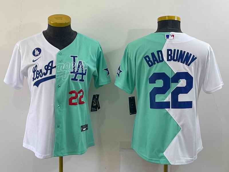 Women's Los Angeles Dodgers #22 Bad Bunny 2022 All-Star White/Green Split Stitched Baseball Jersey(Run Small)