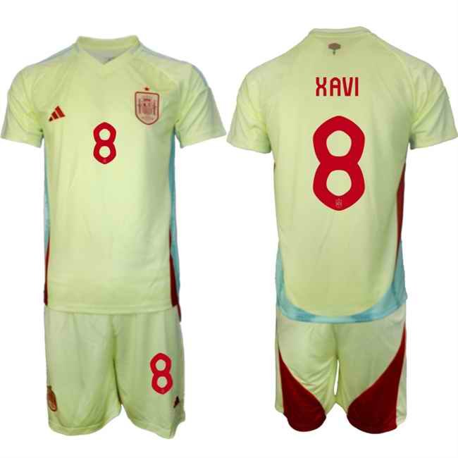 Men's Spain Team #8 Xavi 2024-25 Yellow Away Soccer Jersey Suit