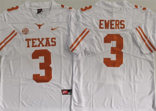 Men's Texas Longhorns #3 Quinn Ewers White Stitched Jersey