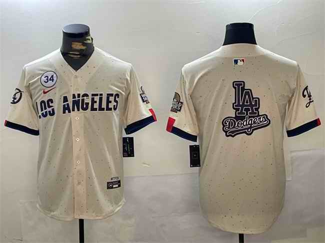 Men's Los Angeles Dodgers Team Big Logo Cream 2024 World Series With No. 34 Patch Limited Stitched Baseball Jersey