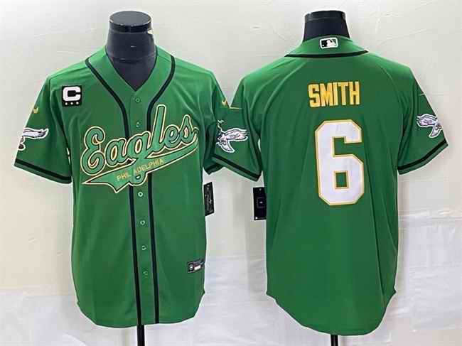 Men's Philadelphia Eagles #6 DeVonta Smith Green Gold With 3-star C Patch Cool Base Stitched Baseball Jersey