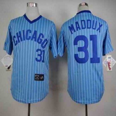 Cubs #31 Greg Maddux Blue(White Strip) Cooperstown Throwback Stitched MLB Jersey