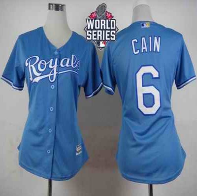 Royals #6 Lorenzo Cain Light Blue Alternate 1 W/2015 World Series Patch Women's Stitched MLB Jersey