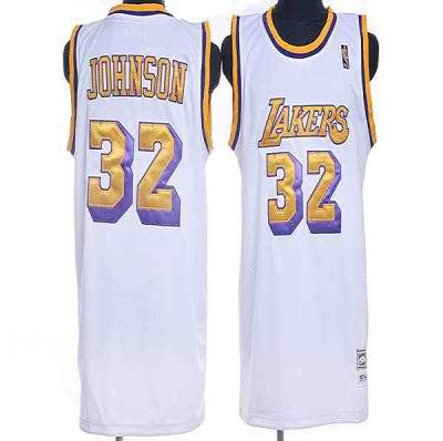 Mitchell and Ness Lakers #32 Magic Johnson Stitched White Throwback NBA Jersey