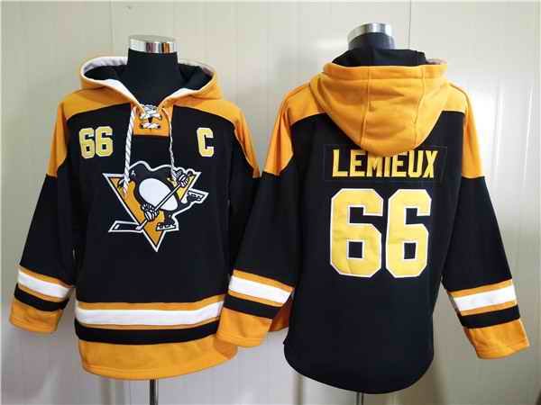 Men's Pittsburgh Penguins #66 Mario Lemieux Black Ageless Must-Have Lace-Up Pullover Hoodie