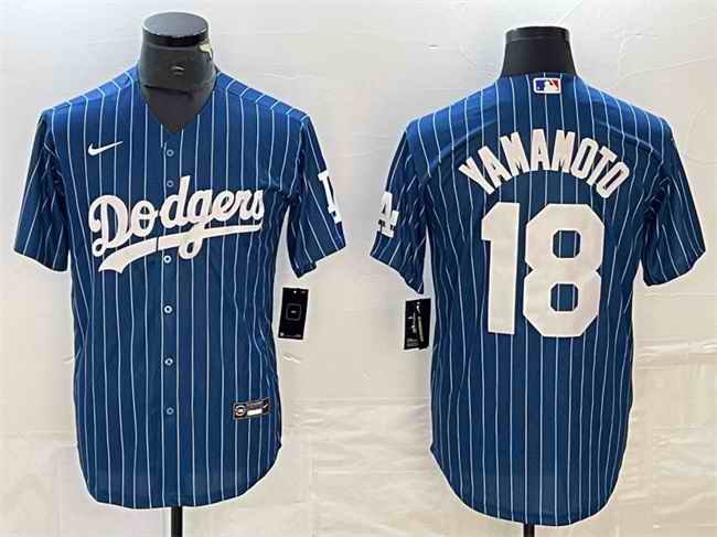 Men's Los Angeles Dodgers #18 Yoshinobu Yamamoto Navy Cool Base With Patch Stitched Baseball Jersey