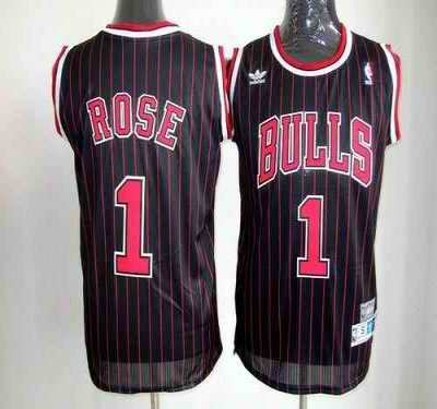 Bulls #1 Derrick Rose Black With Red Strip Throwback Stitched NBA Jersey