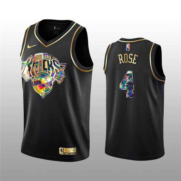 Men's New Yok Knicks #4 Derrick Rose 2021/22 Black Golden Edition 75th Anniversary Diamond Logo Stitched Basketball Jersey