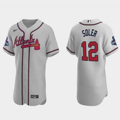 Men's Atlanta Braves #12 Jorge Soler 2021 Grey World Series Champions Flex Base Stitched Jersey