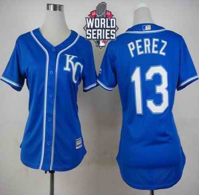 Royals #13 Salvador Perez Blue Alternate 2 W/2015 World Series Patch Women's Stitched MLB Jersey