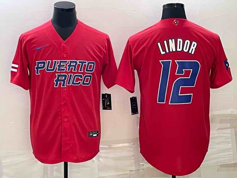 Men's Puerto Rico Baseball #12 Francisco Lindor 2023 Red World Baseball Classic Stitched Jersey