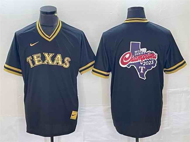 Men's Texas Rangers Black  2023 World Series Champions Big Logo Cool Base Stitched Baseball Jersey