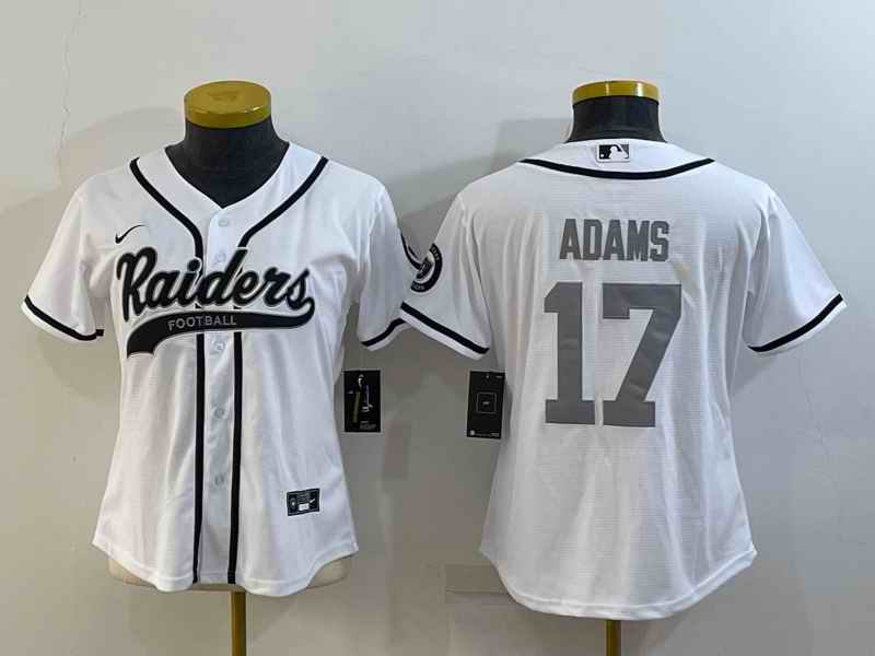 Women's Las Vegas Raiders #17 Davante Adams White Silver With Patch Cool Base Stitched Baseball Jersey(Run Small)