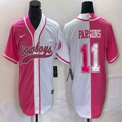 Men's Dallas Cowboys #11 Micah Parsons Pink/White Split Cool Base Stitched Baseball Jersey