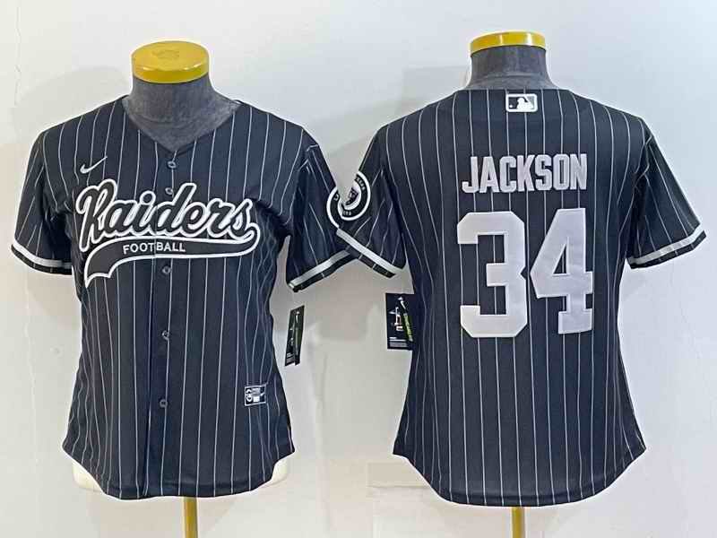 Women's Las Vegas Raiders #34 Bo Jackson Black With Patch Cool Base Stitched Baseball Jersey(Run Small)