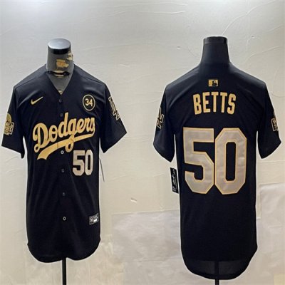 Men's Los Angeles Dodgers #50 Mookie Betts Black/Gold 2024 World Series With No. 34 Patch Limited Stitched Baseball Jersey