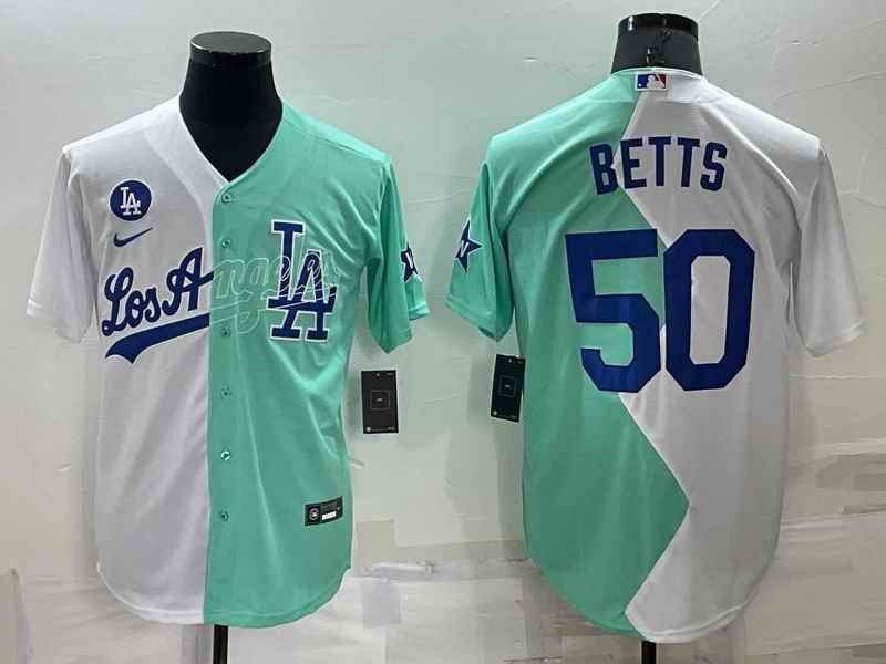 Men's Los Angeles Dodgers #50 Mookie Betts 2022 All-Star White/Green Cool Base Stitched Baseball Jersey