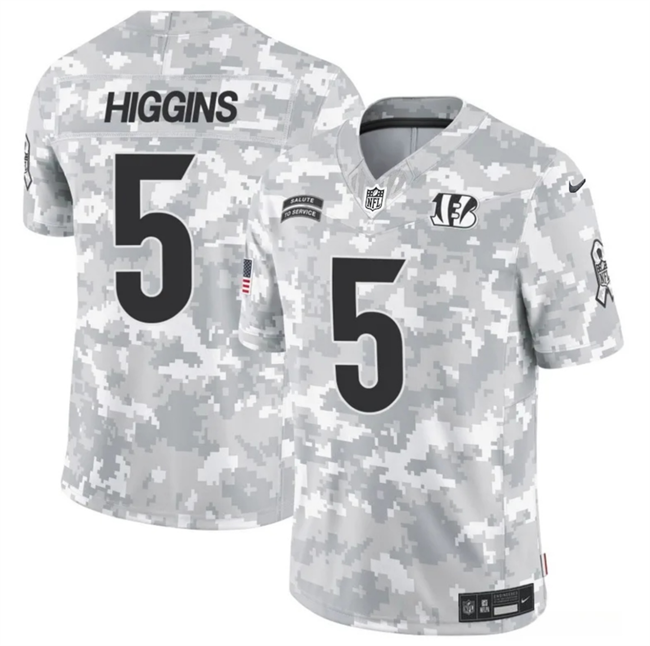 Men's Cincinnati Bengals #5 Tee Higgins 2024 F.U.S.E Arctic Camo Salute to Service Limited Stitched Football Jersey