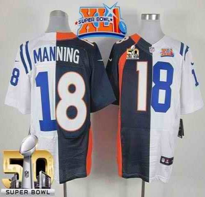 Nike Colts #18 Peyton Manning Navy Blue/White Super Bowl XLI & Super Bowl 50 Men's Stitched NFL Elite Split Broncos Jersey