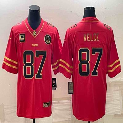 Men's Kansas City Chiefs #87 Travis Kelce Red Gold 4-star C Patch Vapor Untouchable Limited Stitched Jersey