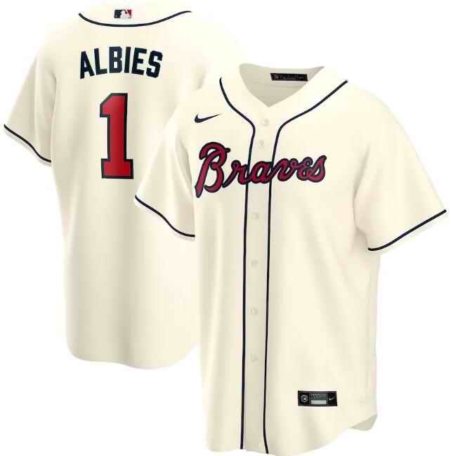 Men's Atlanta Braves #1 Ozzie Albies Cream Cool Base Stitched Jersey