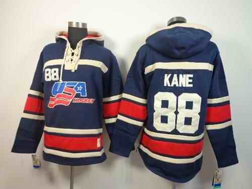 Olympic Team USA #88 Patrick Kane Navy Blue Throwback Sawyer Hooded Sweatshirt Stitched NHL Jersey