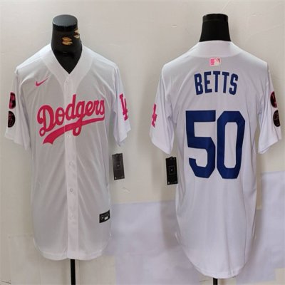 Men's Los Angeles Dodgers #50 Mookie Betts White/Pink Vin & Kobe Patch Stitched Baseball Jersey