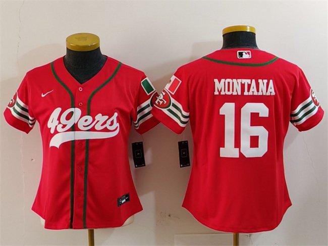 Women's San Francisco 49ers #16 Joe Montana Red Mexico With Patch Cool Base Stitched Baseball Jersey(Run Small)