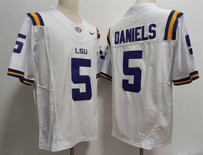 Men's LSU Tigers #5 Jayden Daniels White F.U.S.E Stitched Jersey