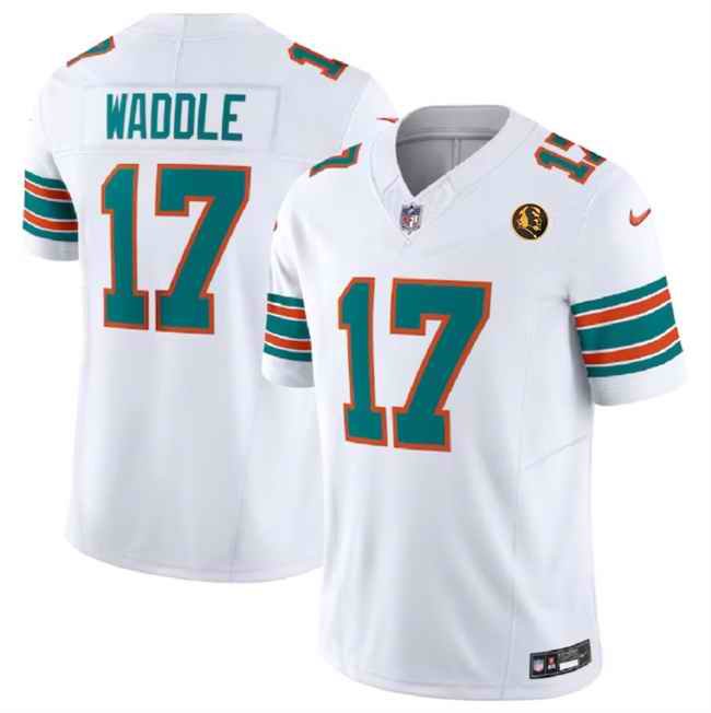 Men's Miami Dolphins #17 Jaylen Waddle White 2023 F.U.S.E. Alternate With John Madden Patch Vapor Limited Stitched Football Jersey