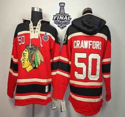 Blackhawks #50 Corey Crawford Red Sawyer Hooded Sweatshirt 2015 Stanley Cup Stitched NHL Jersey