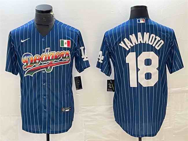 Men's Los Angeles Dodgers #18 Yoshinobu Yamamoto Navy Cool Base With Patch Stitched Baseball Jersey