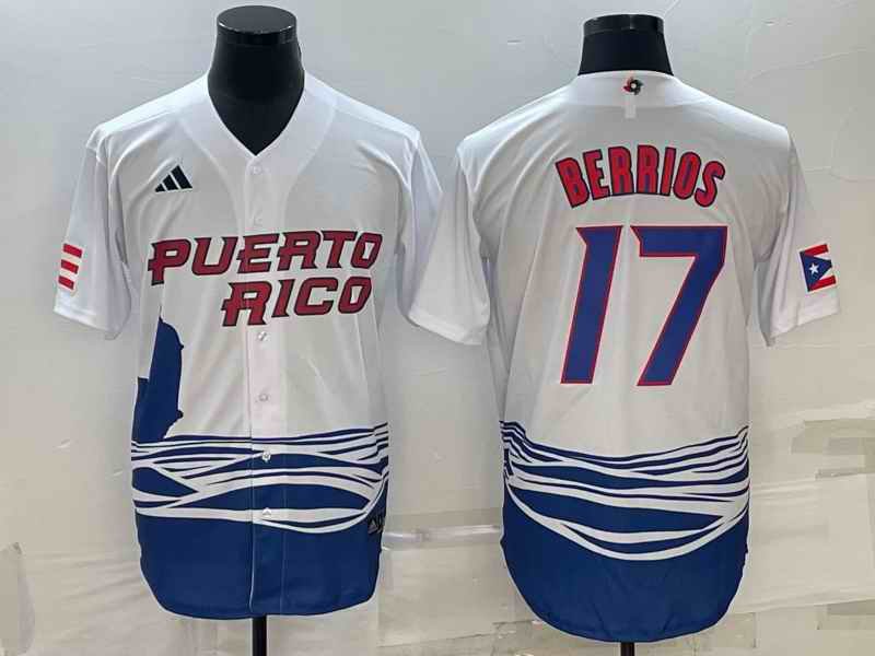 Men's Puerto Rico Baseball #17 Jos' Berr'os 2023 White World Baseball Classic Stitched Jersey