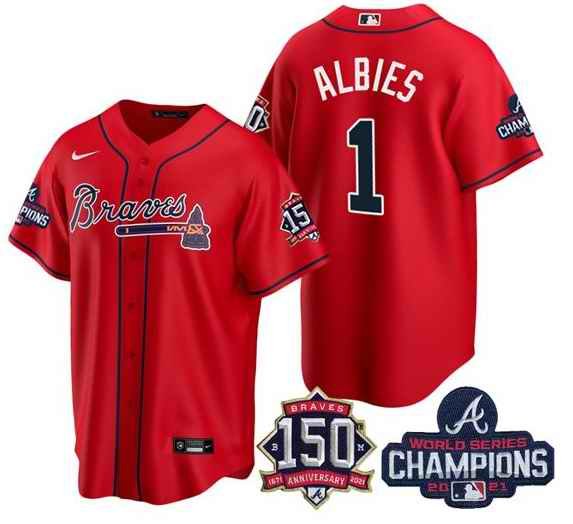 Men's Atlanta Braves #1 Ozzie Albies 2021 Red World Series Champions With 150th Anniversary Patch Cool Base Stitched Jersey