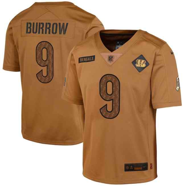 Youth Cincinnati Bengals #9 Joe Burrow 2023 Brown Salute To Service Limited Stitched Football Jersey