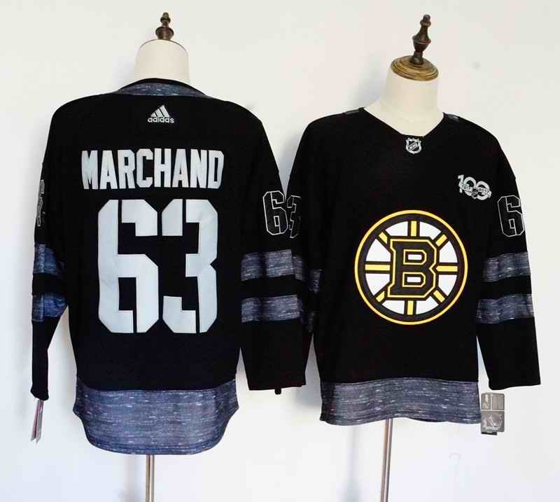 Men's Adidas Boston Bruins #63 Brad Marchand Black 1917-2017 100th Anniversary Stitched NHL Jersey