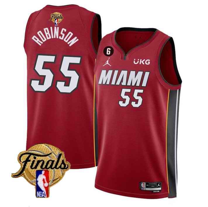 Men's Miami Heat #55 Duncan Robinson Red 2023 Finals Statement Edition With NO.6 Patch Stitched Basketball Jersey