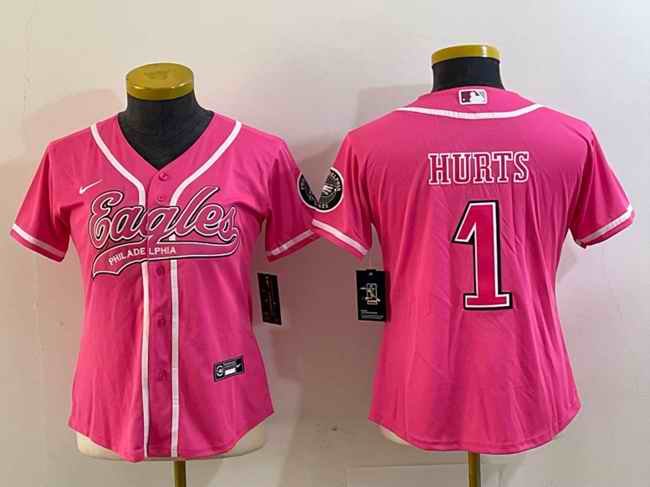 Youth Philadelphia Eagles #1 Jalen Hurts Pink Cool Base Stitched Baseball Jersey