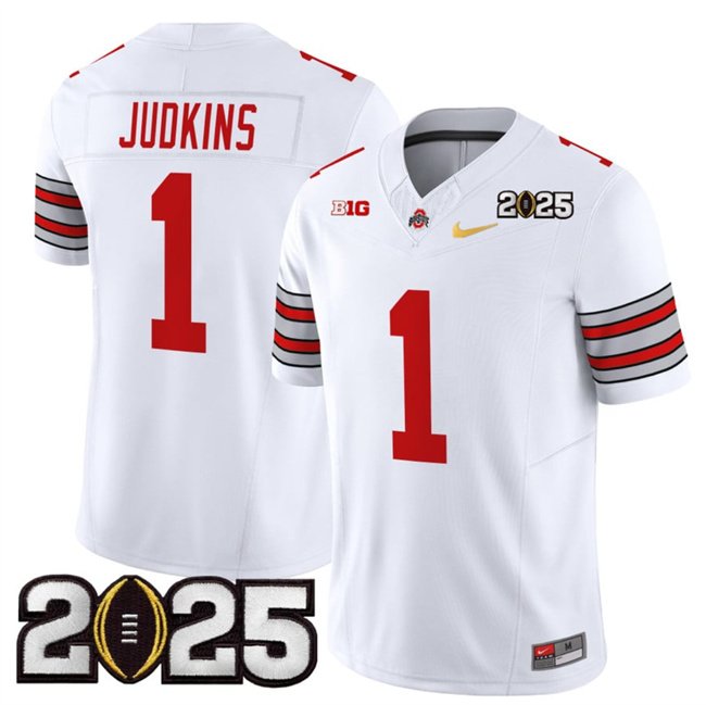 Men's Ohio State Buckeyes #1 Quinshon Judkins White/Gold 2025 CFP Final Patch F.U.S.E. Vapor Limited Stitched Football Jersey