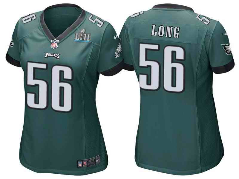 Women's Philadelphia Eagles #56 Chris Long Green Super Bowl LII Bound Patch Game Event Stitched NFL Jersey