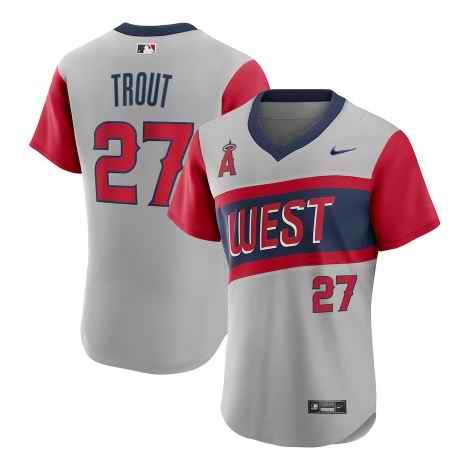 Men's Los Angeles Angels #27 Mike Trout 2021 Grey Little League Classic Road Flex Base Stitched MLB Jersey