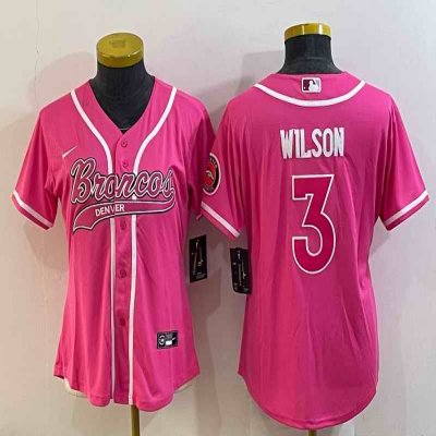 Women's Denver Broncos #3 Russell Wilson Pink With Patch Cool Base Stitched Baseball Jersey(Run Small)