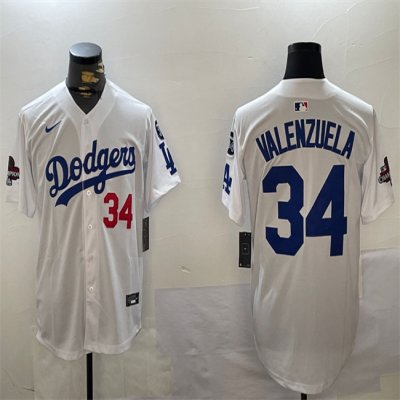 Men's Los Angeles Dodgers #34 Toro Valenzuela White 2024 World Series Champions With Fernando Memorial Patch Home Limited Stitched Baseball Jersey